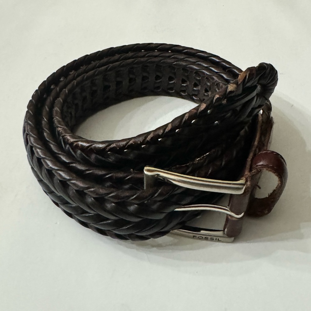 Fossil mens brown braided woven leather belt sz 38